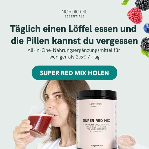 This 1:1 ad creative features a clear, text-based value proposition comparing daily supplement powder to multiple pills, with a lifestyle image of a user.